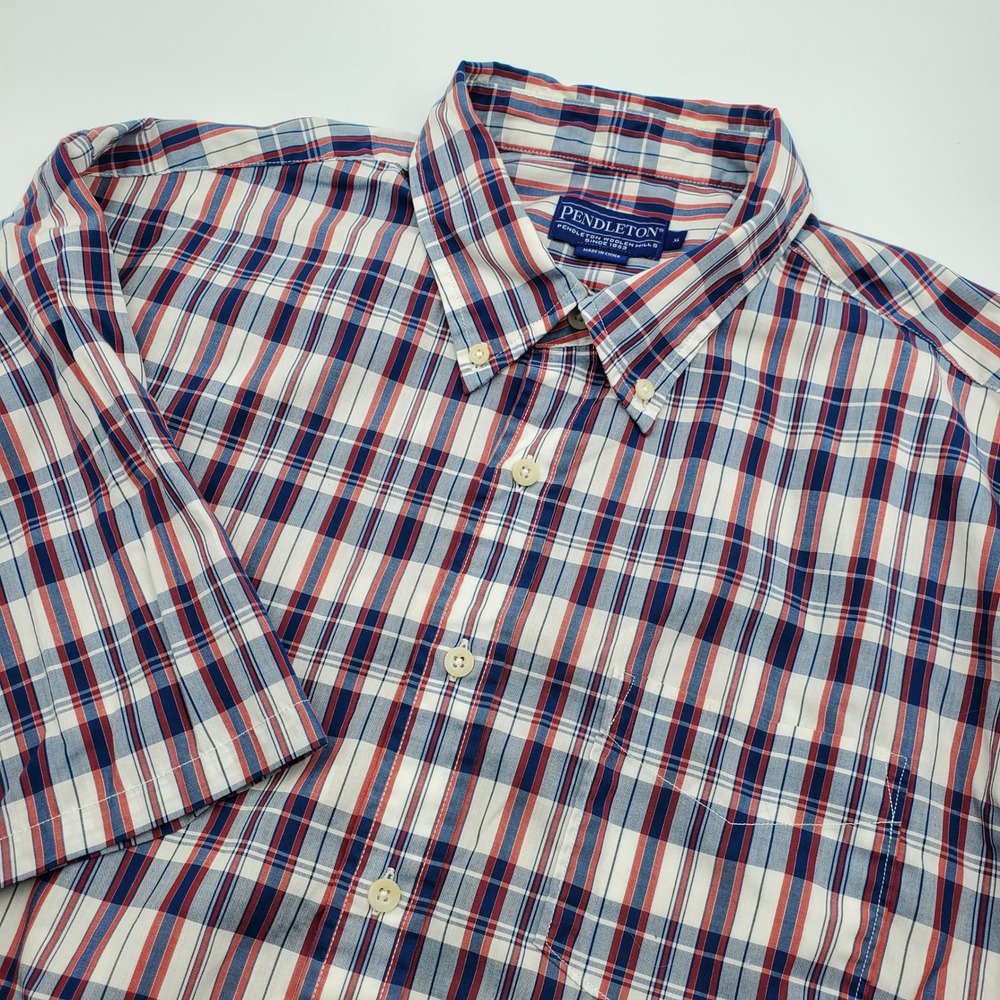 Pendleton Mens XL Short Sleeve Button Down Shirt Red White Blue Plaid Cotton